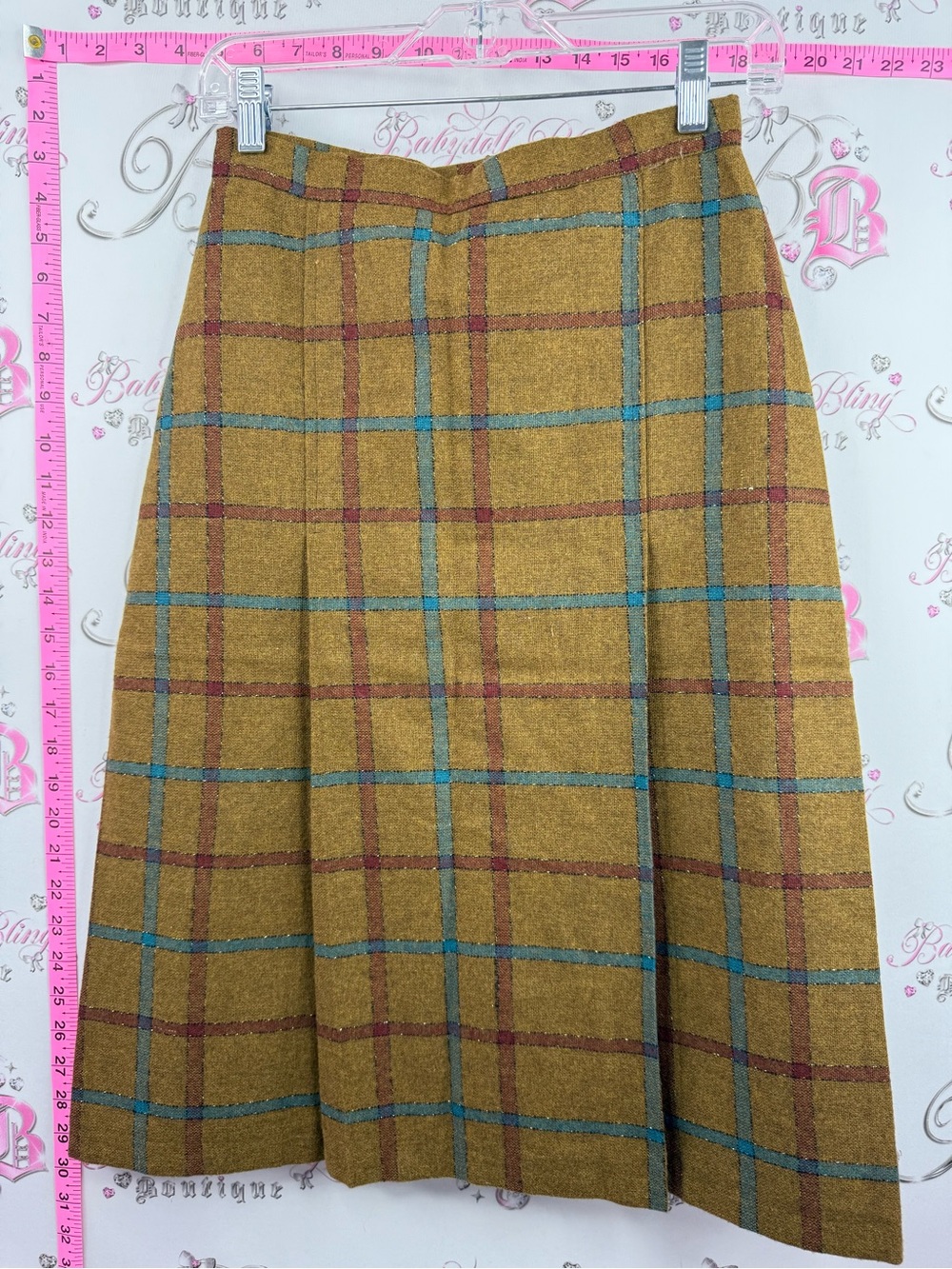 Vintage skirt wool sparkly thread gold Classic Mustard Plaid A-Line Skirt